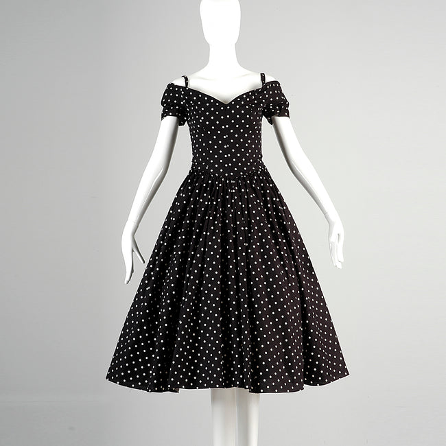 1980s I. Magnin Off Shoulder Party Dress in Black with White Polka Dots