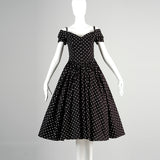 1980s I. Magnin Off Shoulder Party Dress in Black with White Polka Dots
