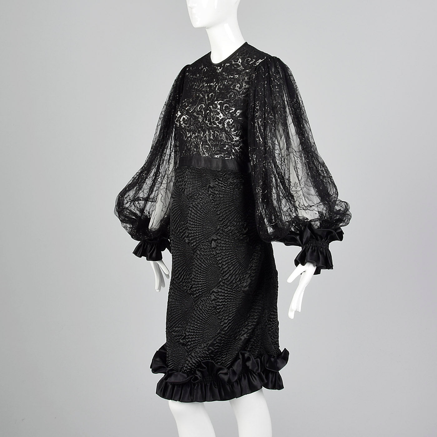 Galanos Sheer Lace Little Black Dress with Dramatic Bishop Sleeves