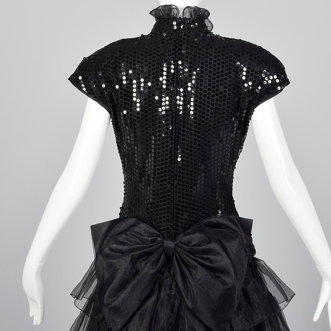 1980s Tadashi Black Sequin Dress with Drop Waist and Ruffle Skirt
