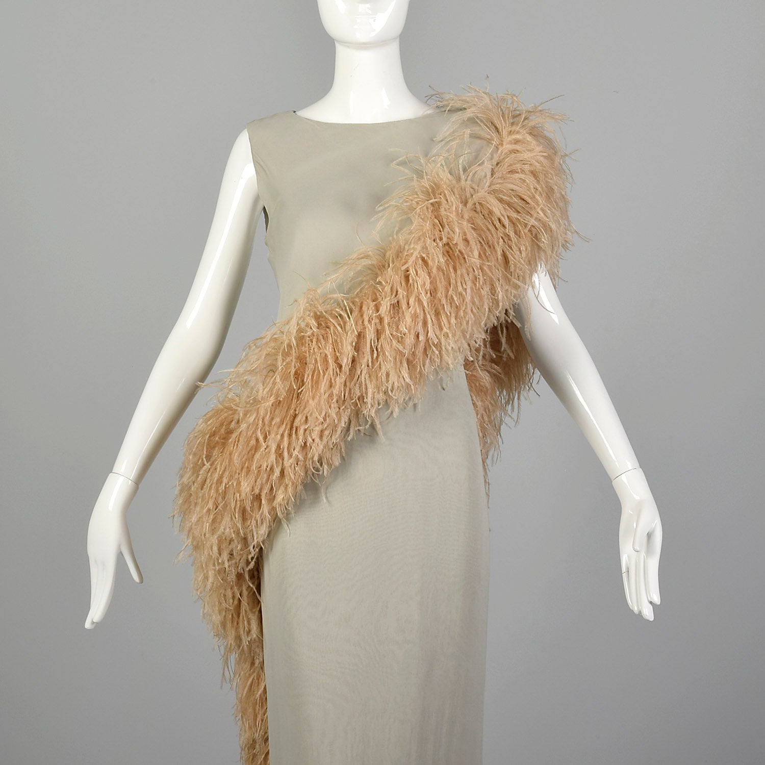 Medium 1970s Gray Silk Column Dress with Feather Trim