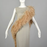 Medium 1970s Gray Silk Column Dress with Feather Trim