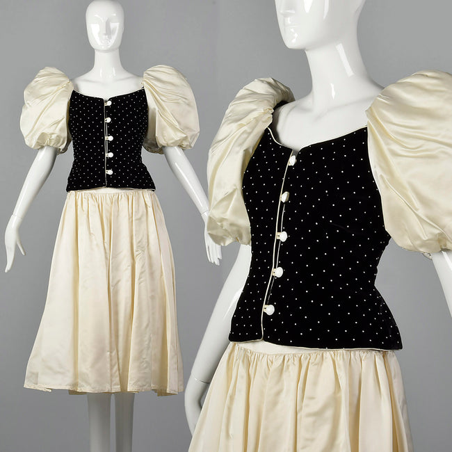 Small Patricia Rhodes 1980s Black Bodice Cream Skirt Dress Set