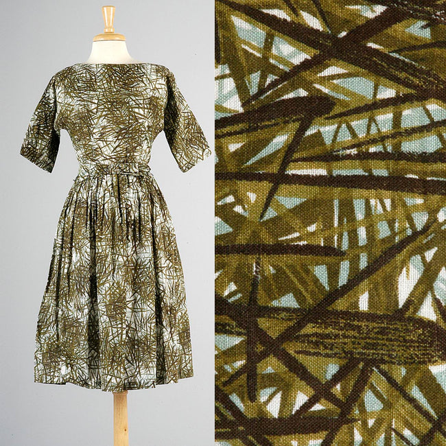1950s Day Dress with Green and Blue Print