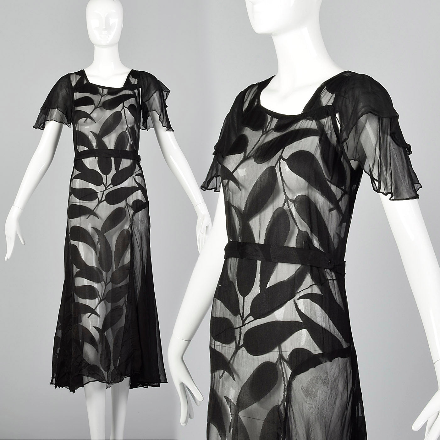 1930s Sheer Black Silk Dress with Abstract Leaf Design