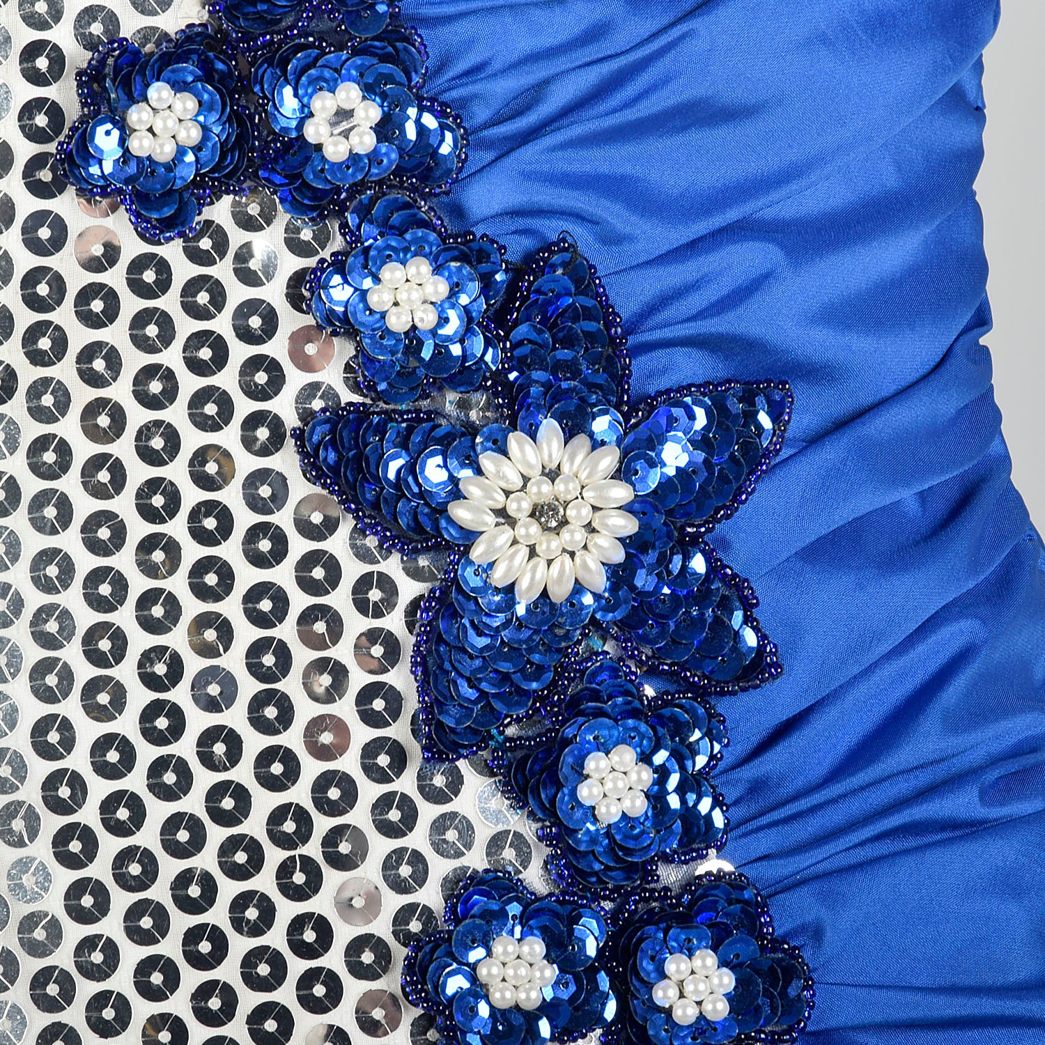 XS 1980s Blue Silver Sequin Calypso Gown Hi Lo Ruffle Hem Asymmetric Taffeta Skirt
