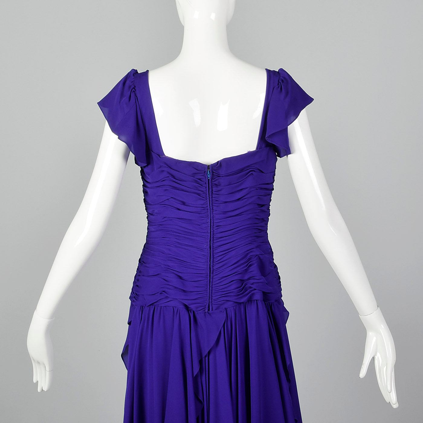 1980s Purple Gown with Ruched Bodice and Flutter Cap Sleeves