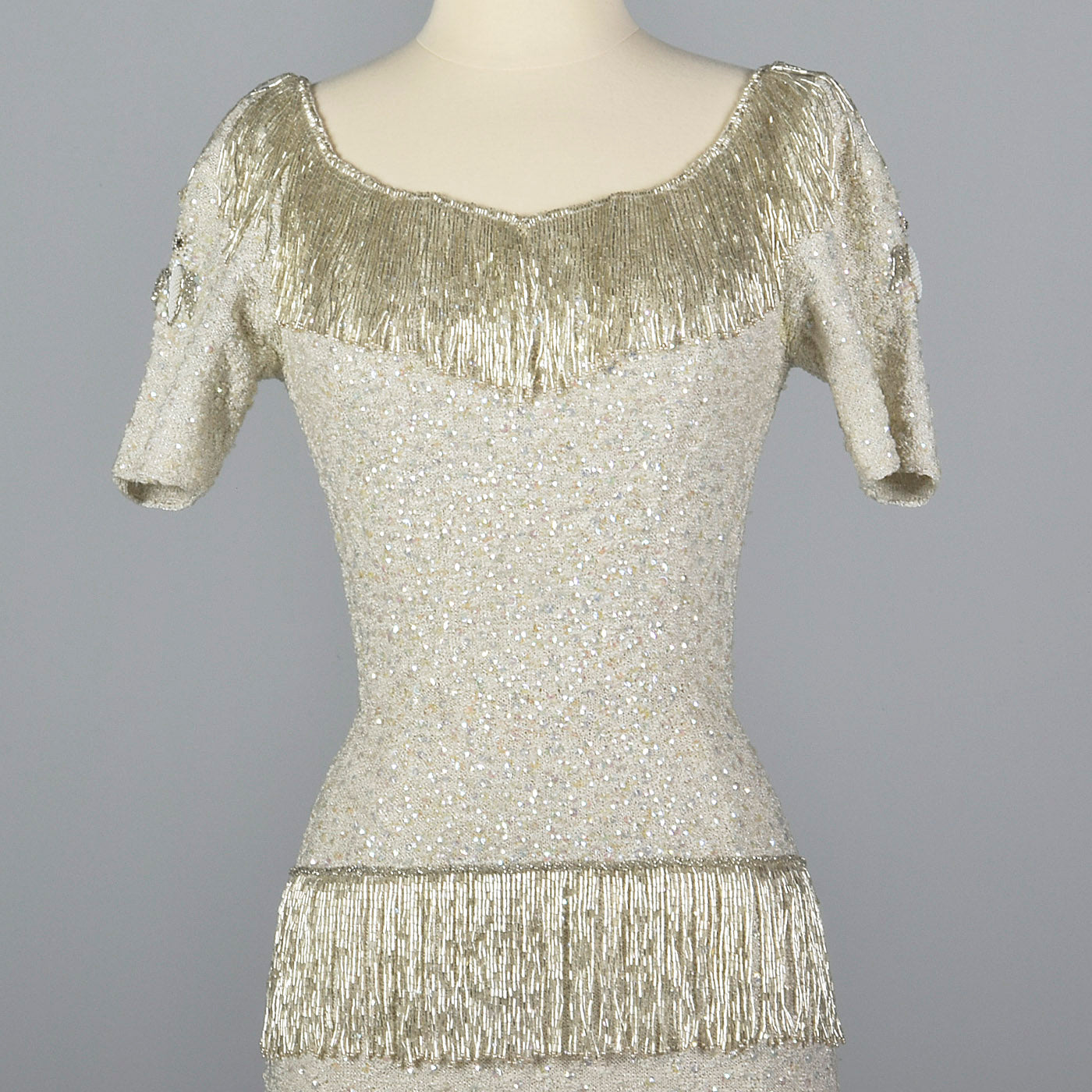 1960s Hand Knit Silver Beaded Dress with Fringe Detail