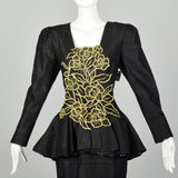 Medium 1980s Black Silk Dress Gold Beaded Appliqué Cocktail Peplum