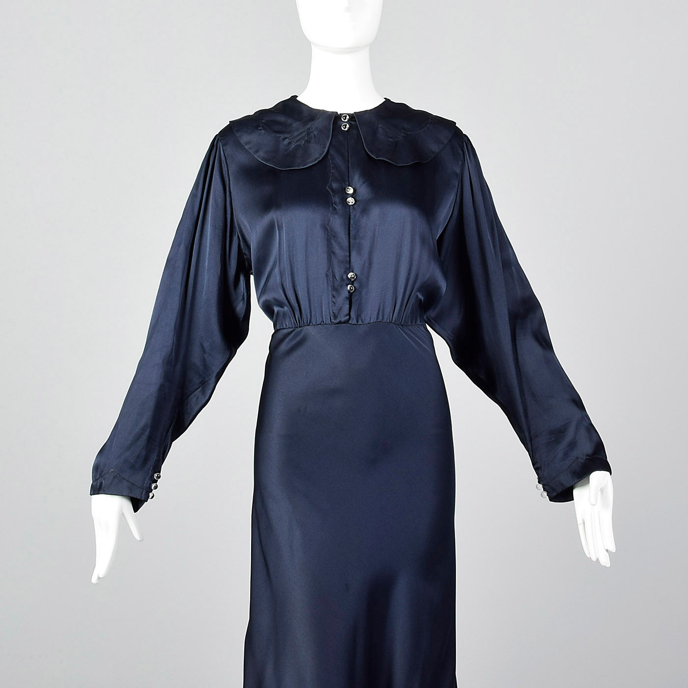 1930s Glamorous Navy Silk Dress