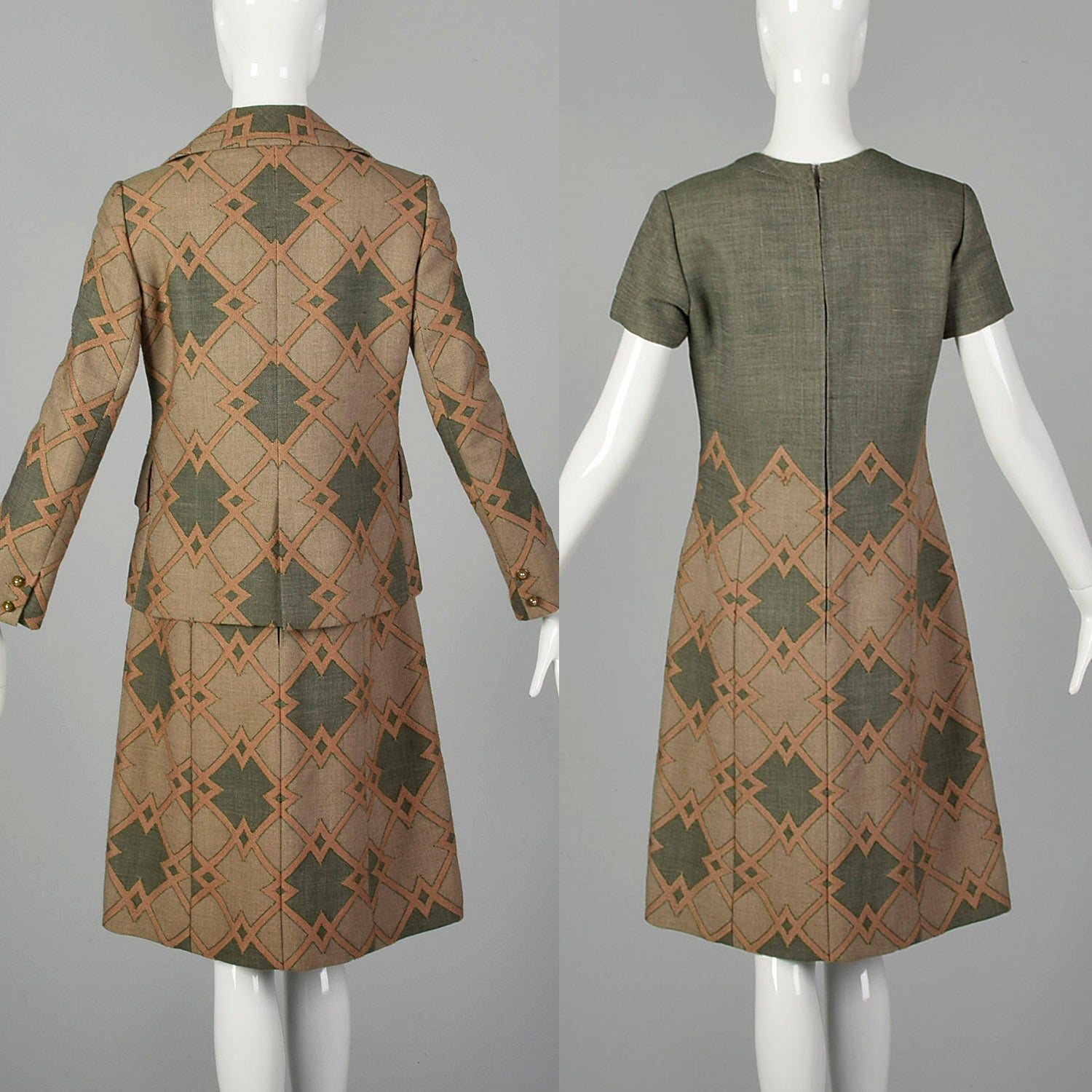Large 1970s Green Geometric Italian Couture Dress Jacket Set