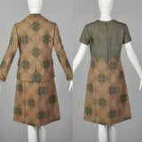 Large 1970s Green Geometric Italian Couture Dress Jacket Set