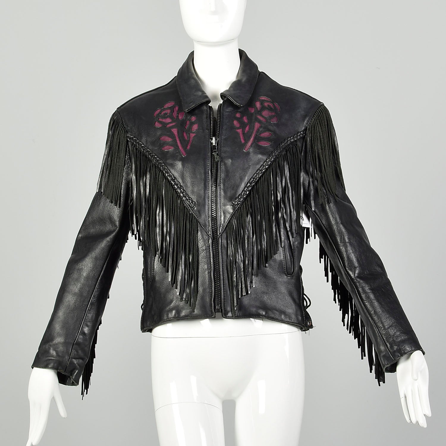 Small 1980s Black Leather Biker Jacket Fringe Purple Rose Inlays Zip Out Lining