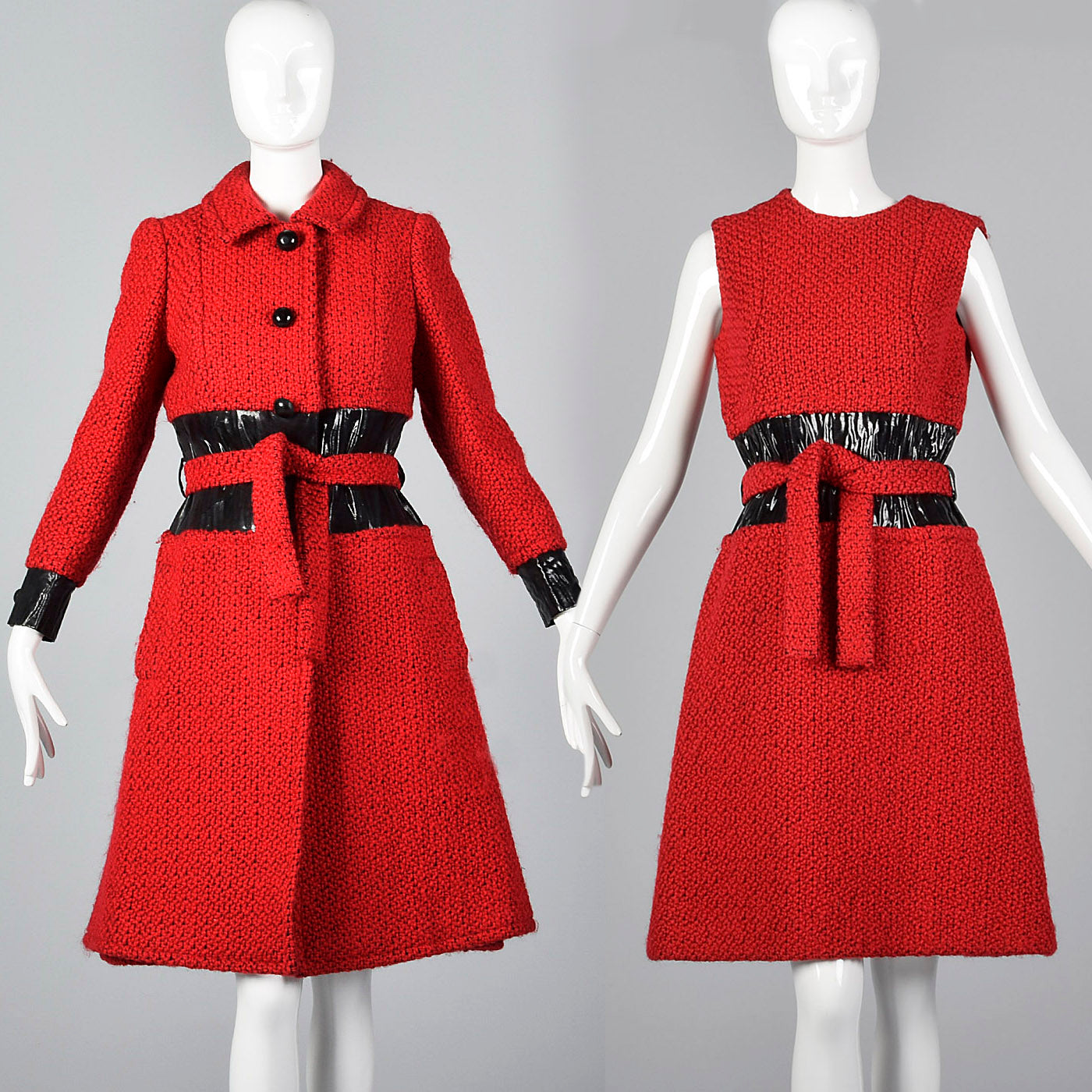 1960s Via Veneto Couture Boutique Red Tweed Space Age Dress & Coat Set