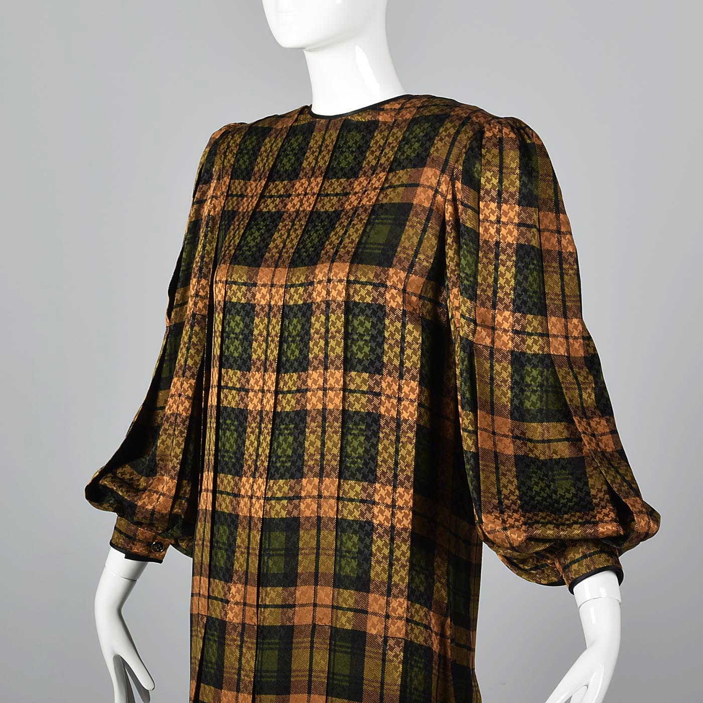 Galanos Pleated Silk Dress in Plaid with Bishop Sleeves