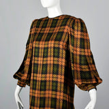 Galanos Pleated Silk Dress in Plaid with Bishop Sleeves