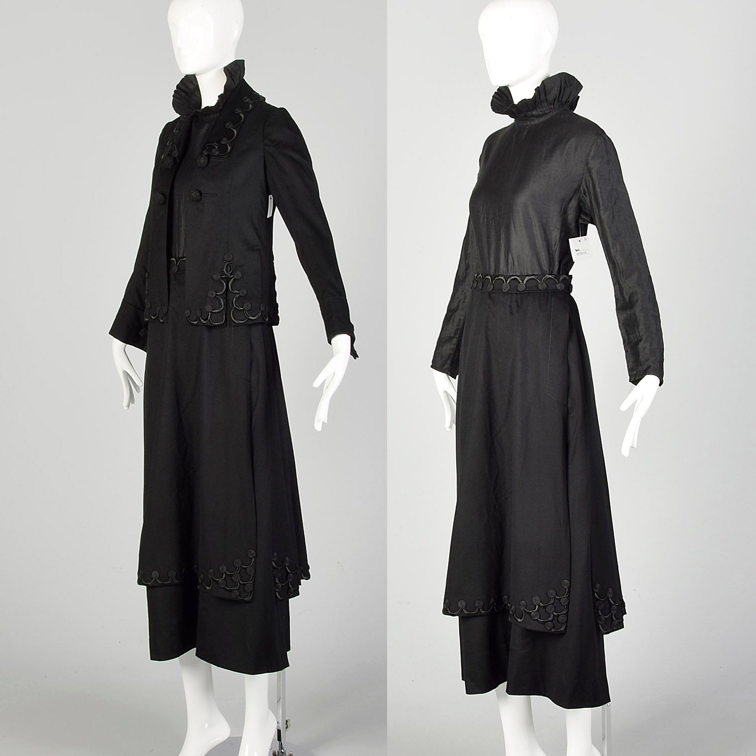 1910s Edwardian Walking Suit Black Wool Cotton Three Piece Ensemble Jacket Blouse Skirt