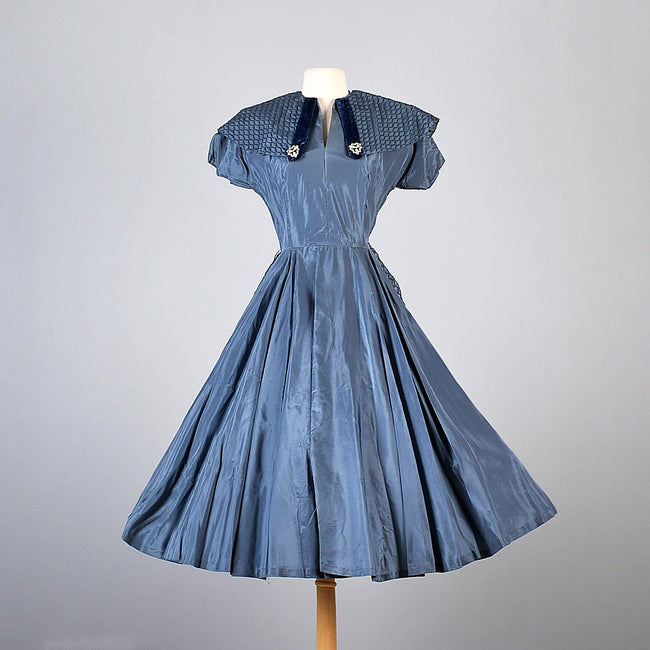 1950s Blue Taffeta Party Dress with Velvet Details