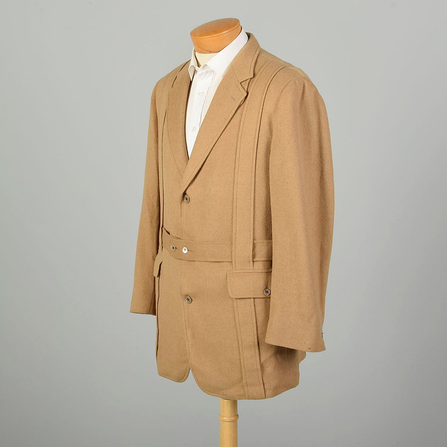 Large 1980s Norfolk Jacket Tan Belted Camel Hair Coat