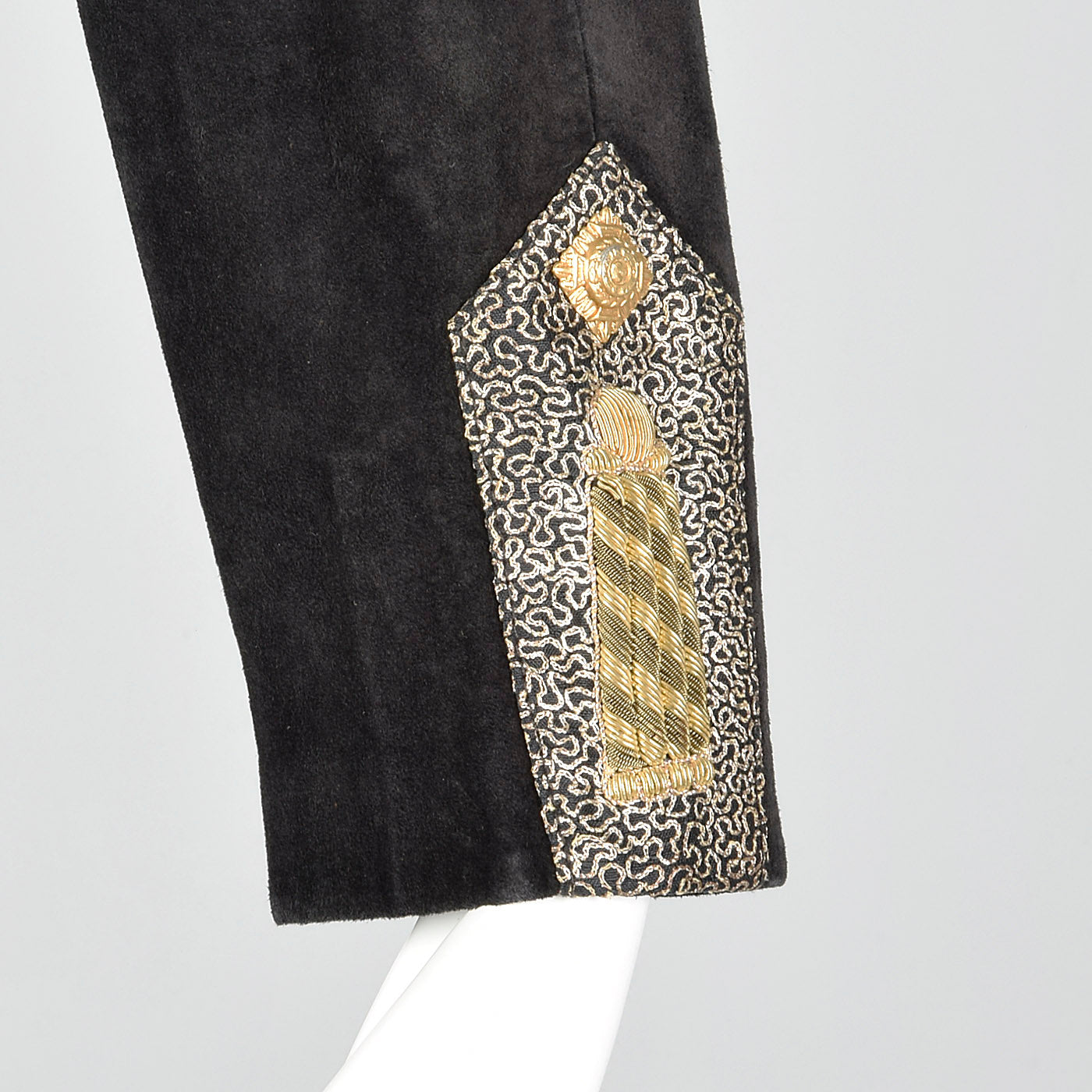 1980s Michael Hoban North Beach Leather Black Leather Dress with Metallic Gold Details