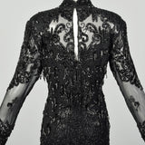 Medium D'ore Dress 1980s Silk Sexy Black Beaded Sheer Long Sleeve