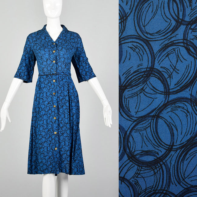 Large 1950s Blue Geometric Print Day Dress