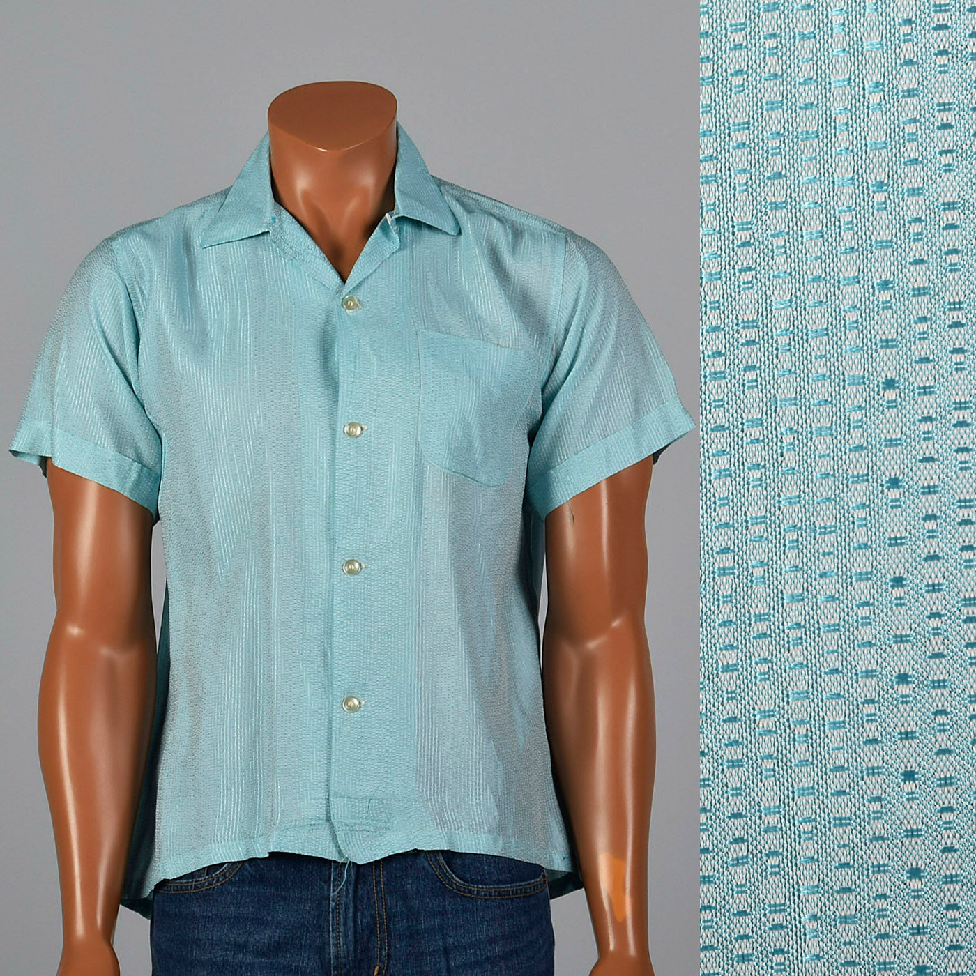 1950s Mens Light Blue Rayon Shirt