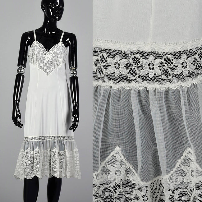 1950s Lace Trim White Nylon Slip with Adjustable Straps