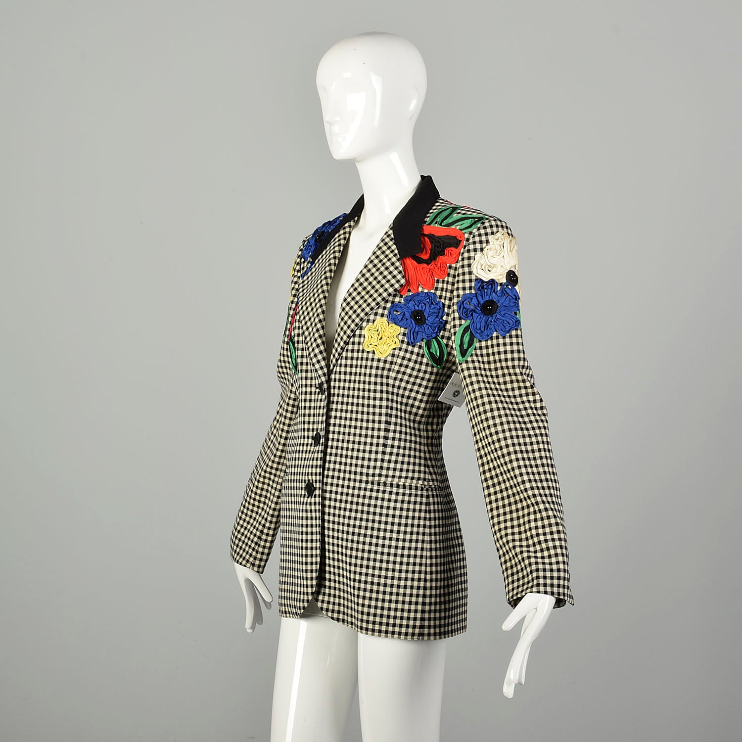 Medium 1980s Escada Blazer Gingham Novelty Flower Soutache Jacket