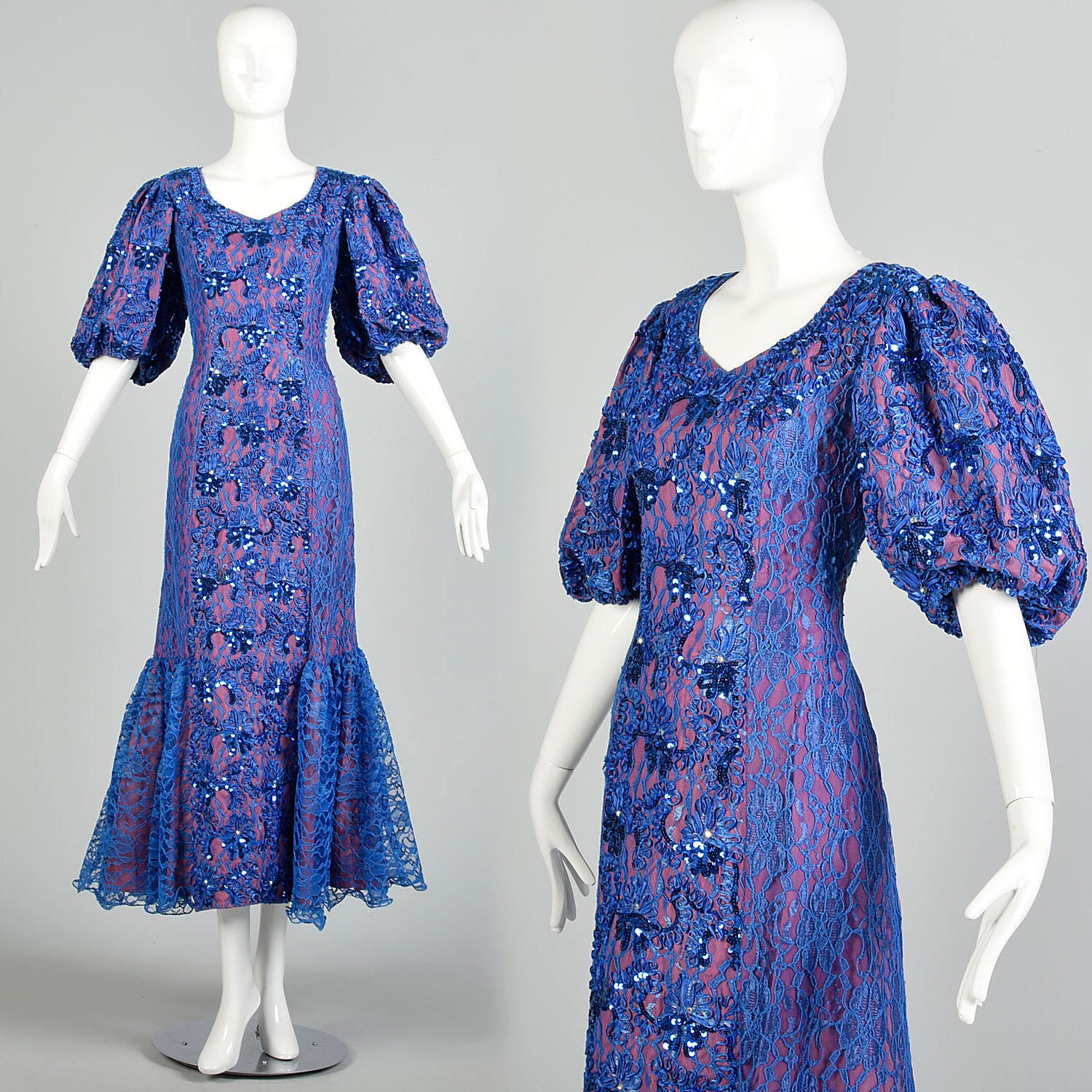XL 1980s Mike Benet Formals Blue Sequin Lace Pageant Prom Formal Dress