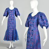 XL 1980s Mike Benet Formals Blue Sequin Lace Pageant Prom Formal Dress