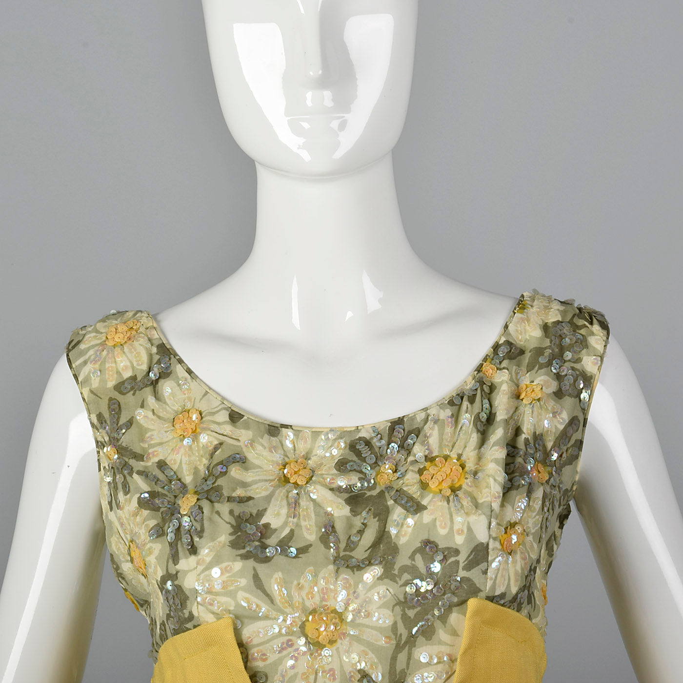 1960s Yellow Linen Dress with Sequin Floral Top