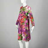 XL 1970s Goldworm Knit Dress Long Sleeve with Floral Print