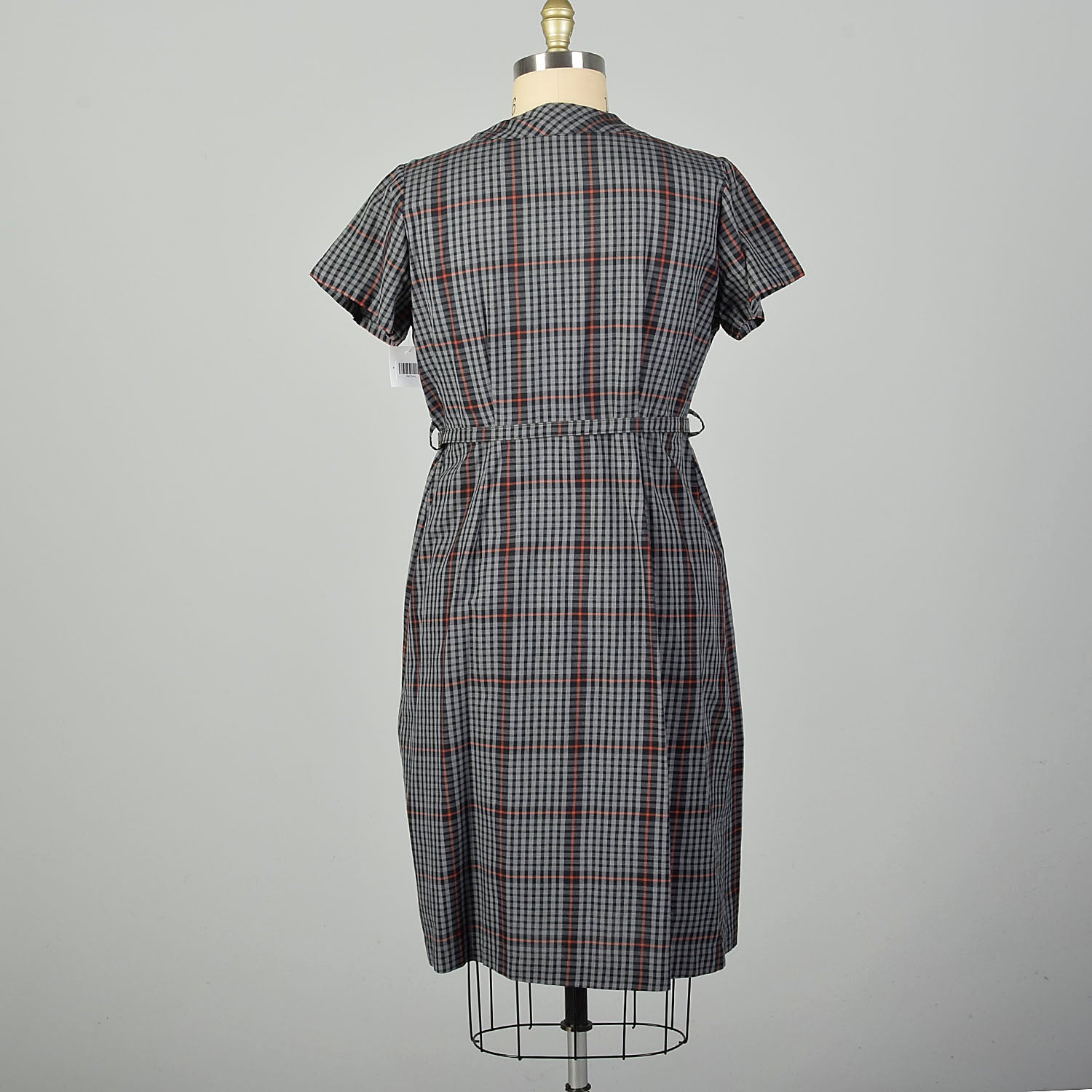 XXL 1950s Gray Cotton Day Dress Plaid Short Sleeves