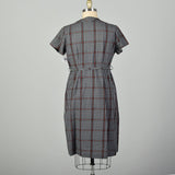 XXL 1950s Gray Cotton Day Dress Plaid Short Sleeves