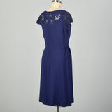 Large 1950s Blue Knit Dress with Lace Neckline Monochrome Harvey Berin