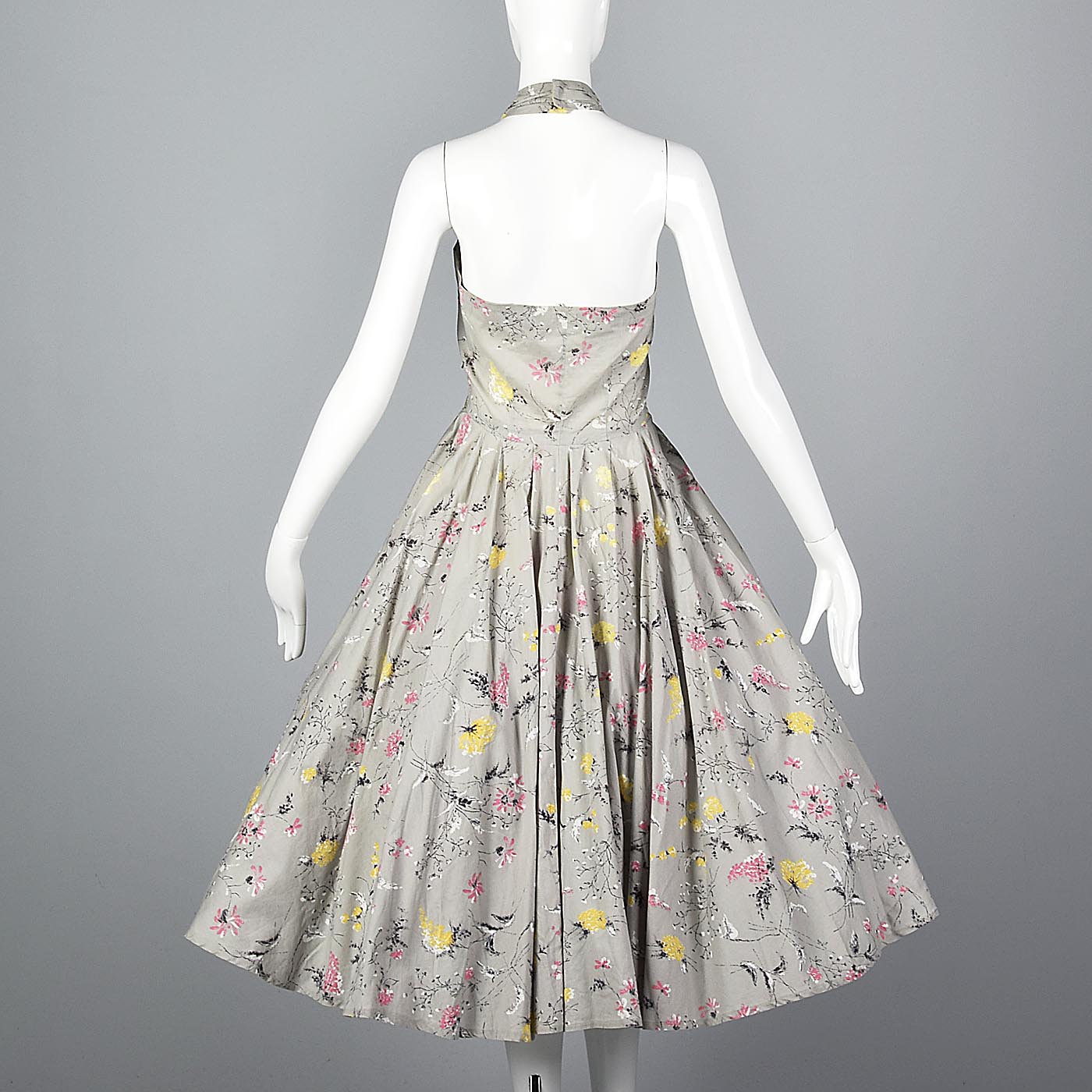1950s Gray Floral Print Halter Dress with Full Circle Skirt