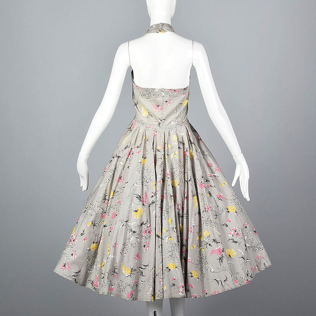 1950s Gray Floral Print Halter Dress with Full Circle Skirt