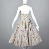 1950s Gray Floral Print Halter Dress with Full Circle Skirt