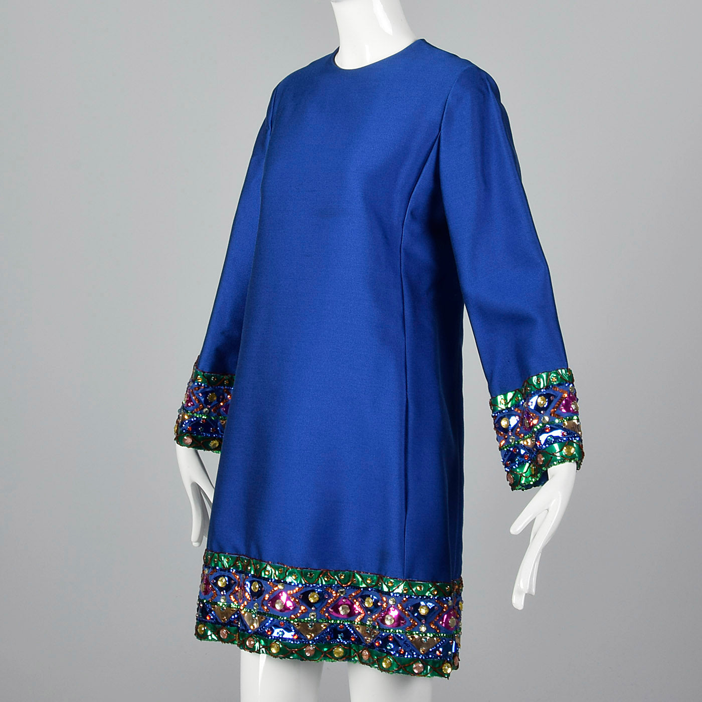Large 1960s Marshall Field & Co. 28 Shop Blue Shift Dress with Sequin Trim Unlabeled Malcolm Starr