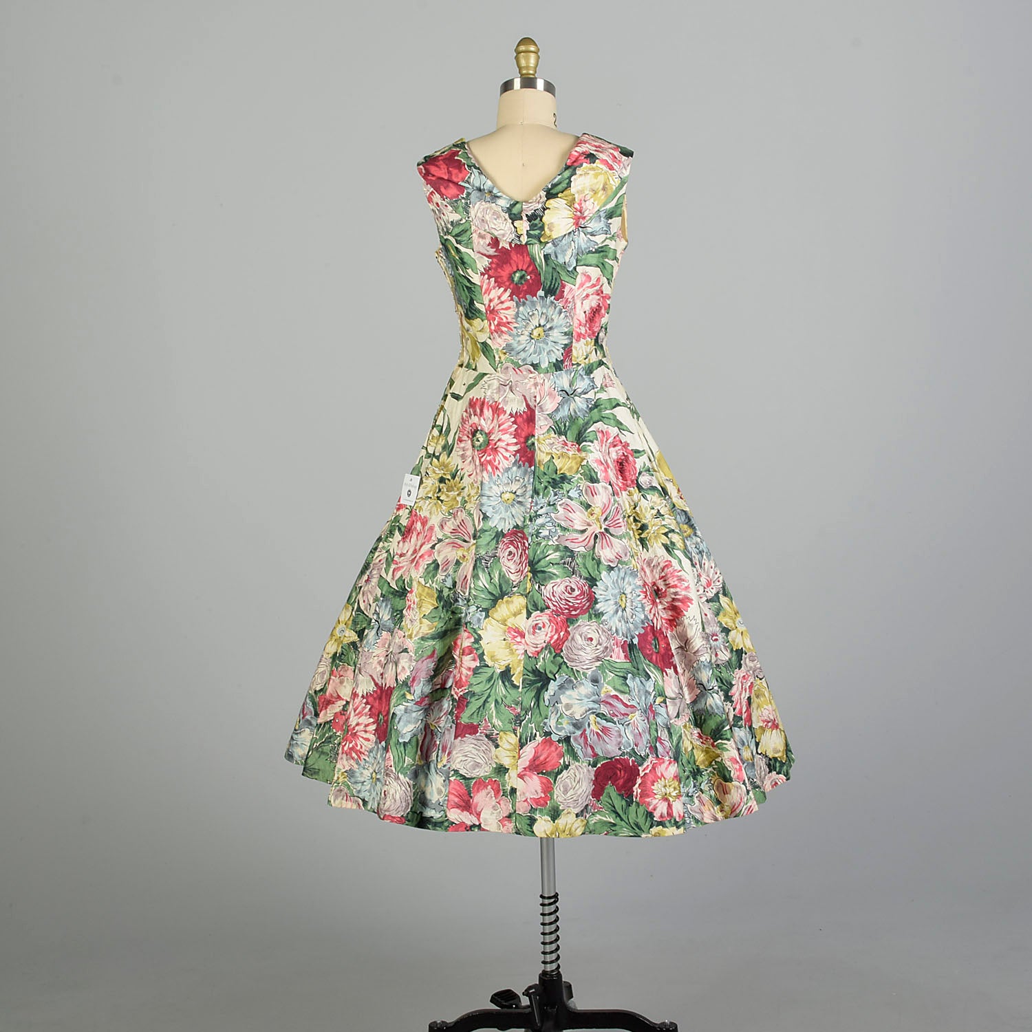Small 1950s Alix of Miami Sleeveless Cotton Summer Fit & Flare Floral Print Day Dress