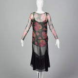 1930s Black Silk Slip Dress with Rose Print Top