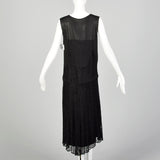 Medium 1920s Black Silk Dress Lace Panel Elegant Sleeveless Evening