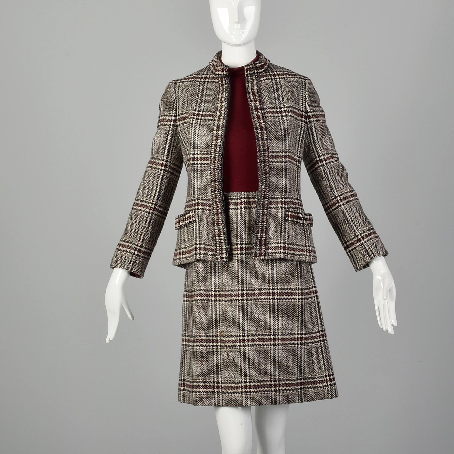 Small 1960s George Halley Tweed Dress Set Knit Bodice Woven Skirt Jacket Autumn Long Sleeve Outfit