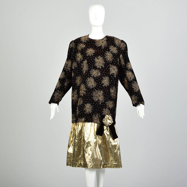 2XL-3XL 1980s Kelli Kaye Black Velvet Long Sleeve Glitter Prom Dress