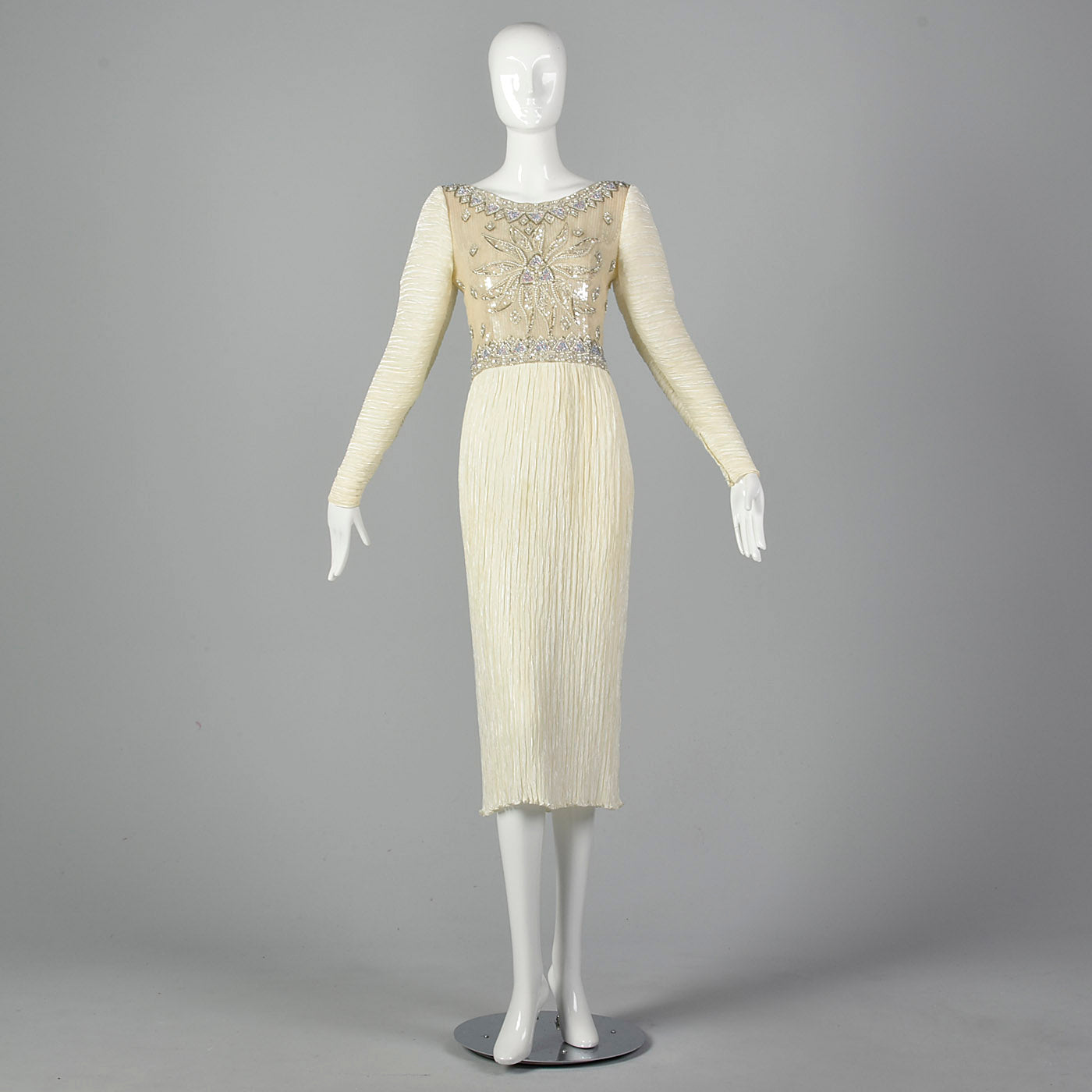 1970s Mary McFadden Couture Beaded and Pleated White Dress