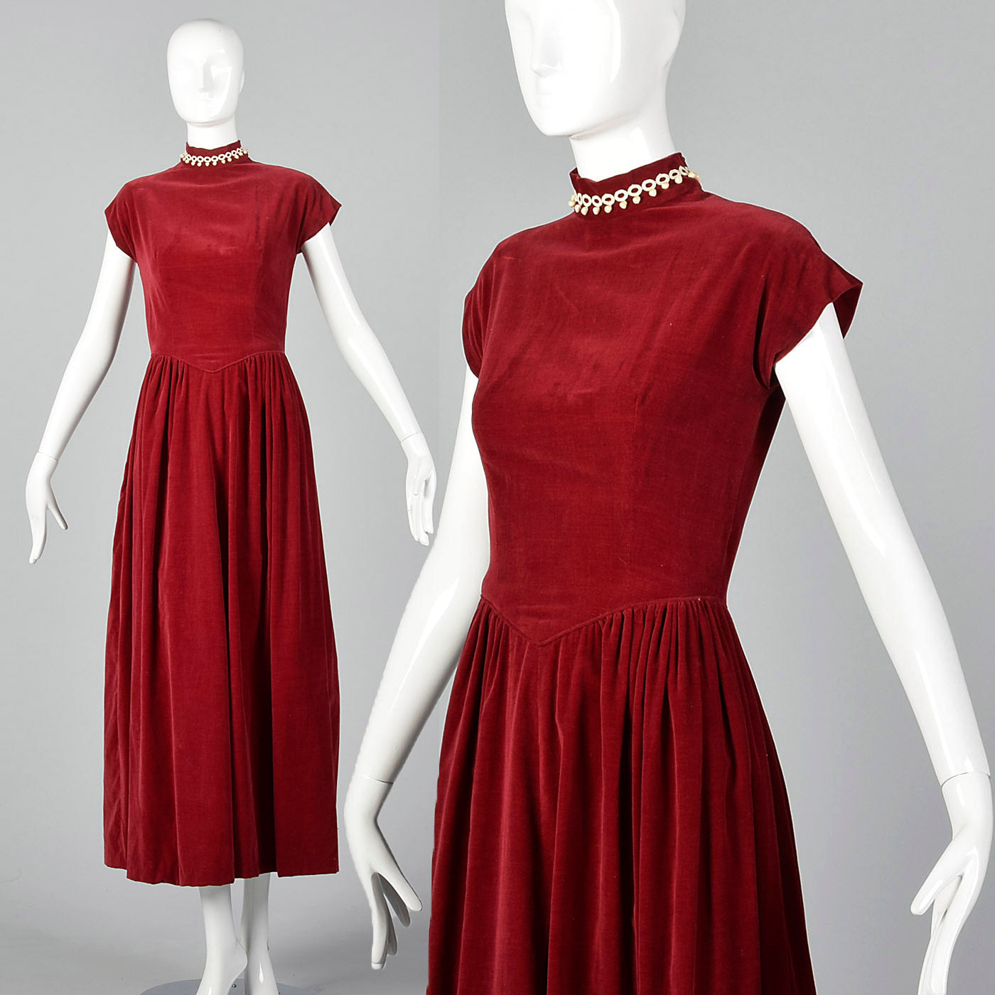 1940s Burgundy Velvet Evening Dress