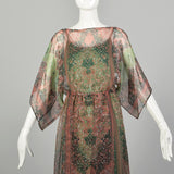Small 1970s Victor Costa Dress Green Two-Piece Sheer Chiffon Boho