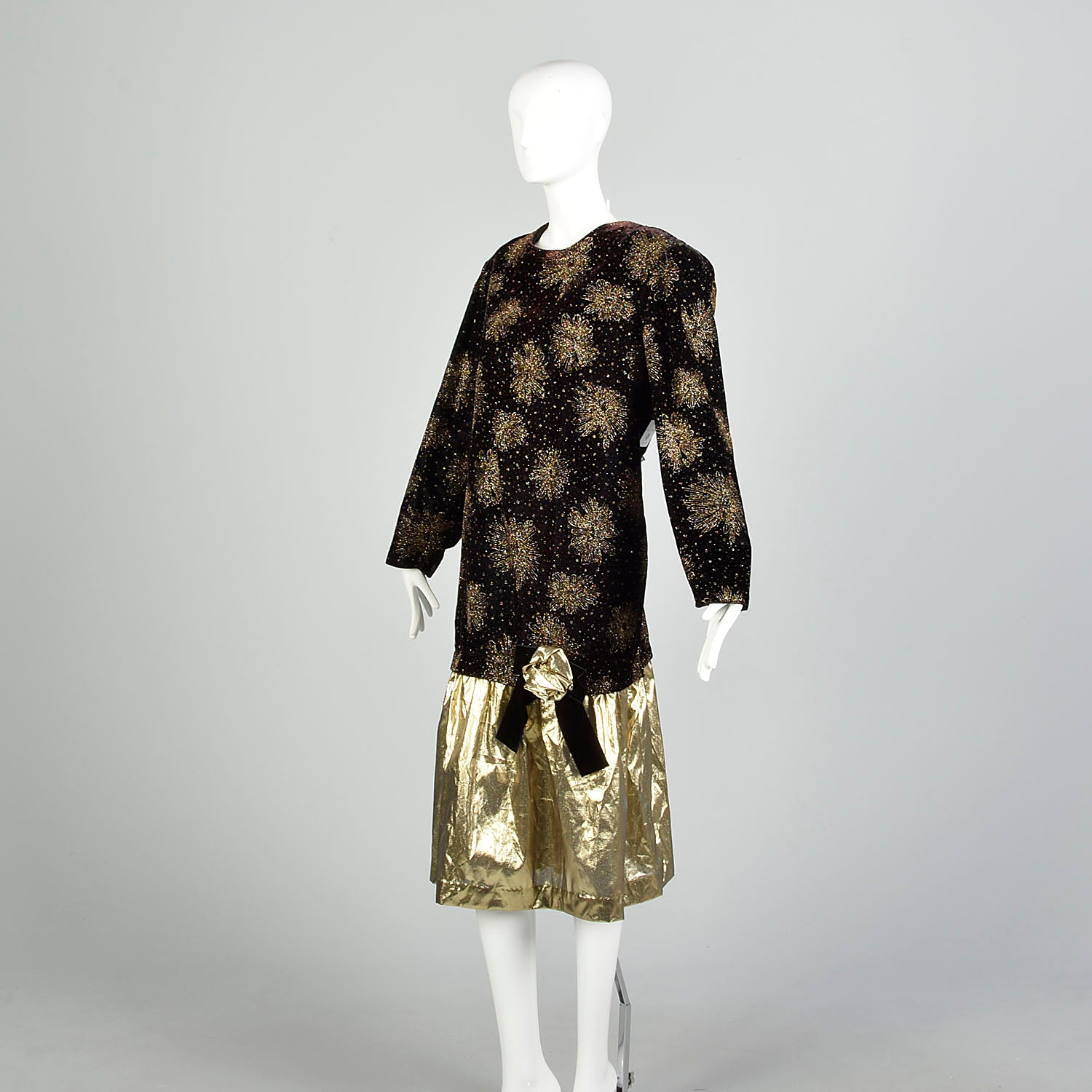 2XL-3XL 1980s Kelli Kaye Black Velvet Long Sleeve Glitter Prom Dress