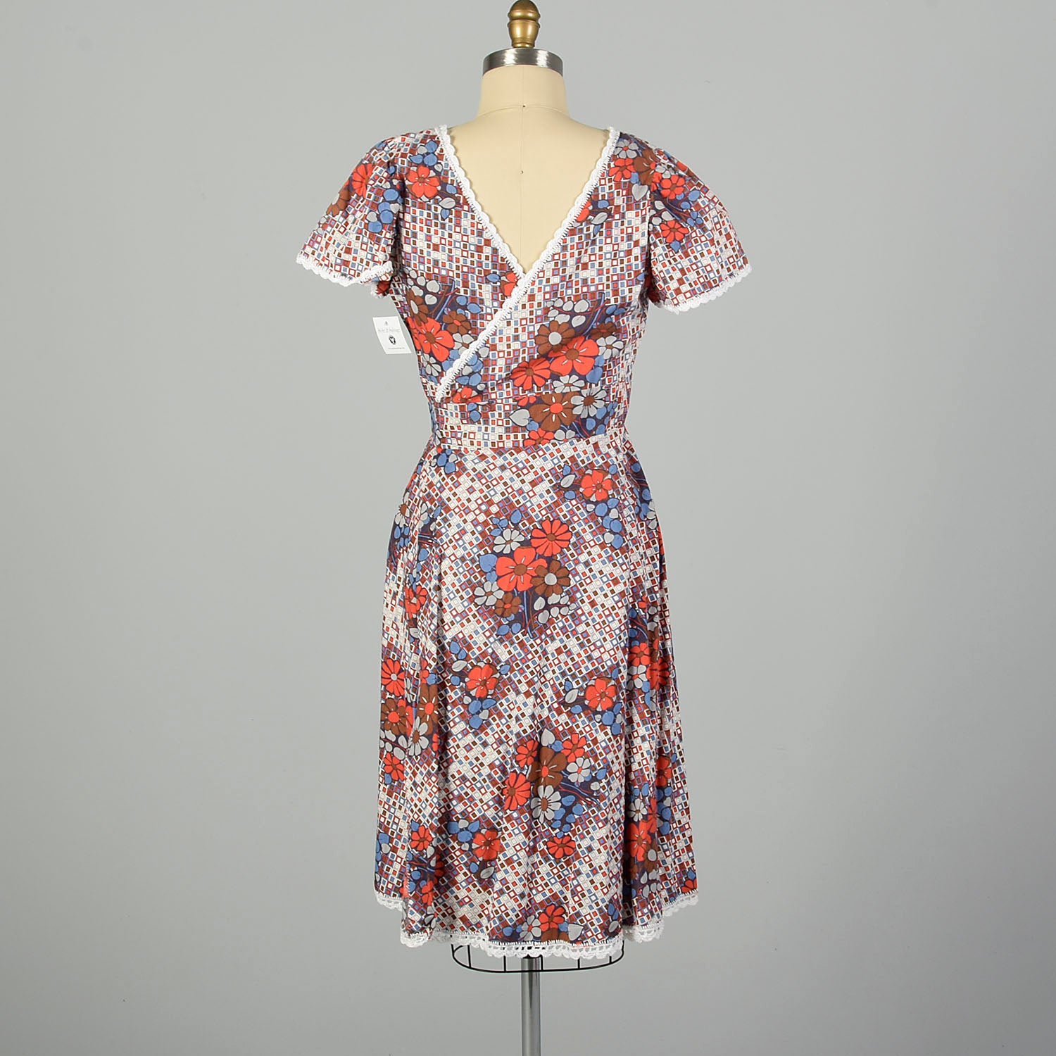 Small-Large 1960s Orange and Blue Floral and Geometric Wrap Dress